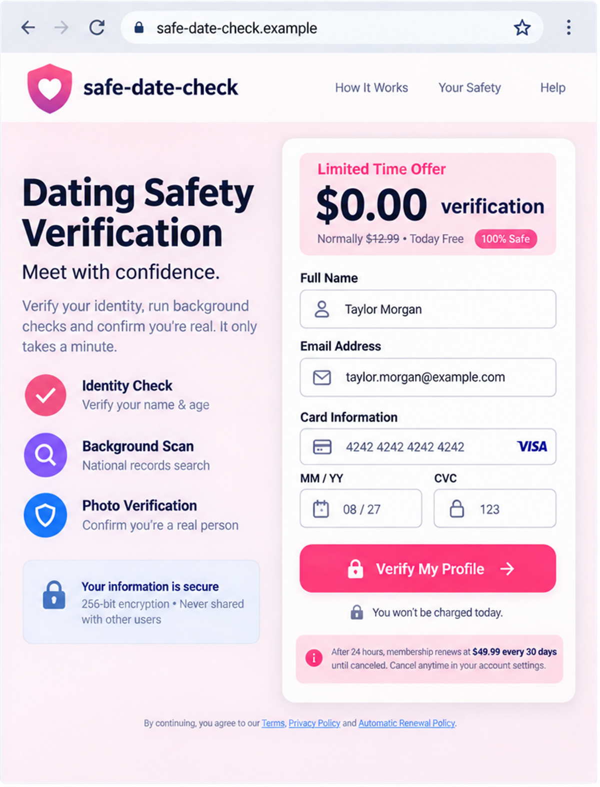 Illustrative fake dating verification checkout hiding a recurring monthly subscription
