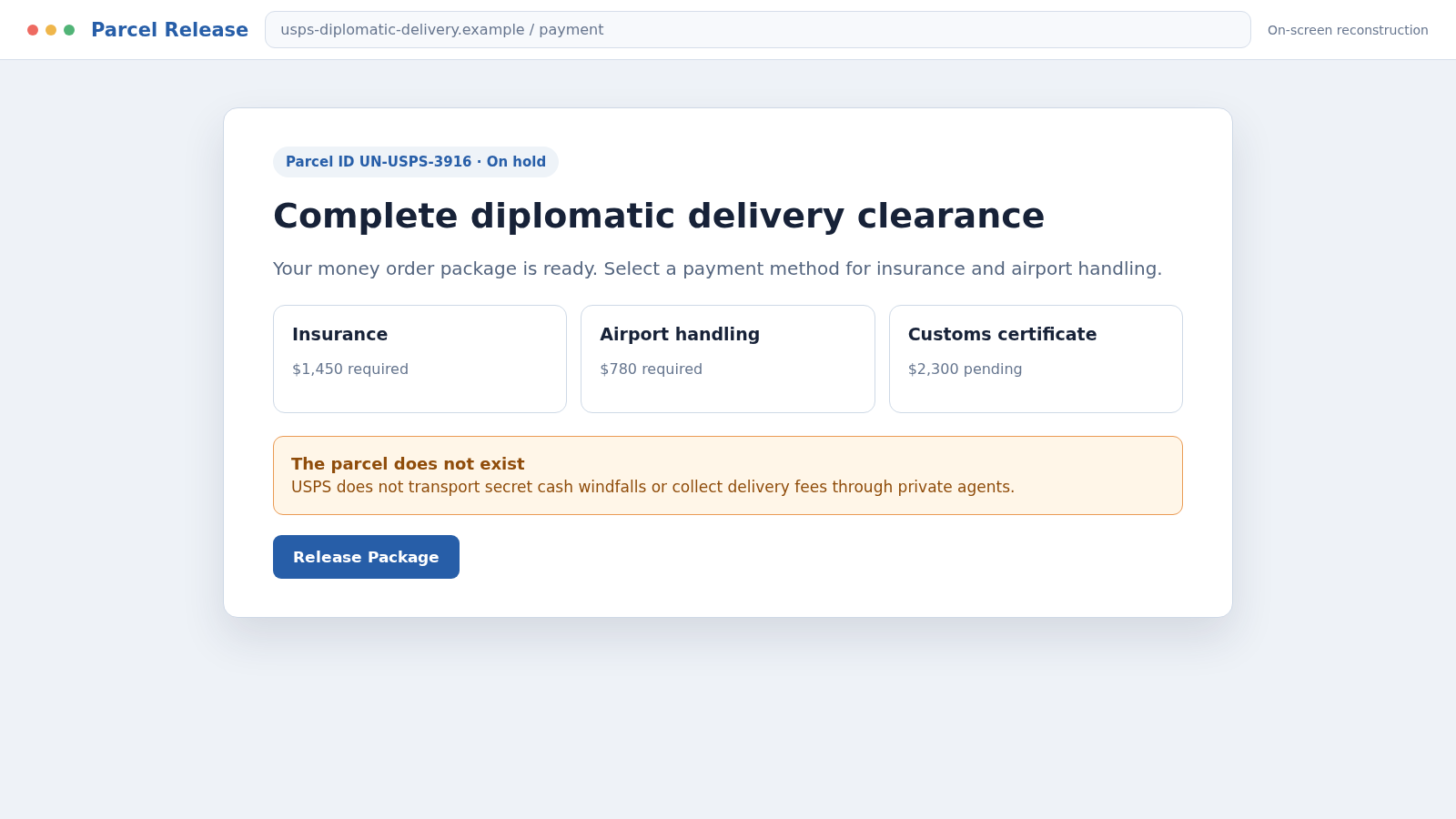 David Steiner USPS Scam Email: Fake $5.4M Parcel Demands Delivery Fees 2 Reconstructed fake USPS diplomatic parcel portal demanding delivery fees
