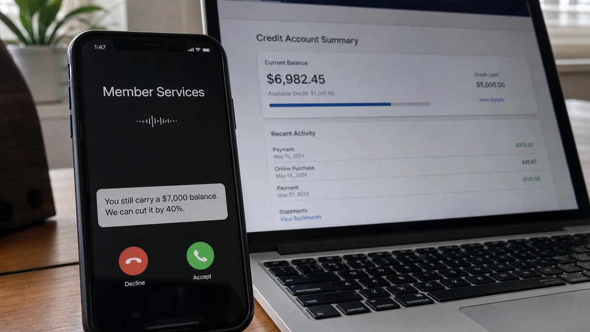 AI Debt Relief Call Knew the Exact $7,000 Balance 1 Realistic reconstruction of an unsolicited member services call quoting the recipient's approximate $7,000 credit card balance