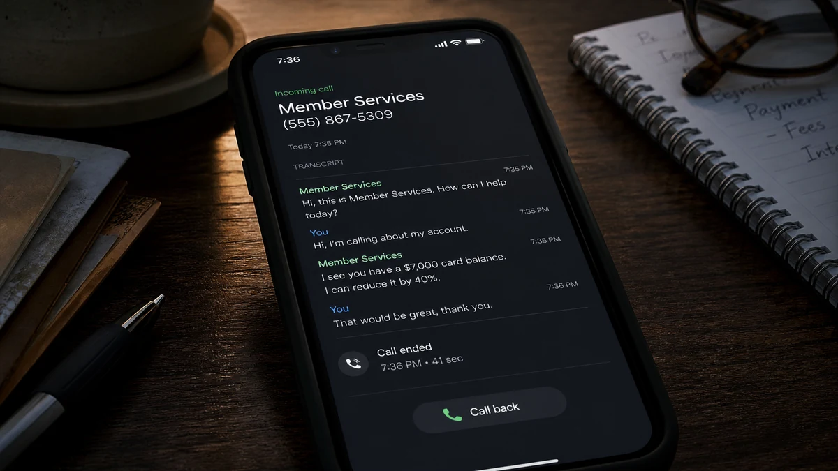 AI Debt Relief Call Knew the Exact $7,000 Balance 2 Realistic phone reconstruction of a Member Services call transcript mentioning a $7,000 card balance and a 40% debt reduction