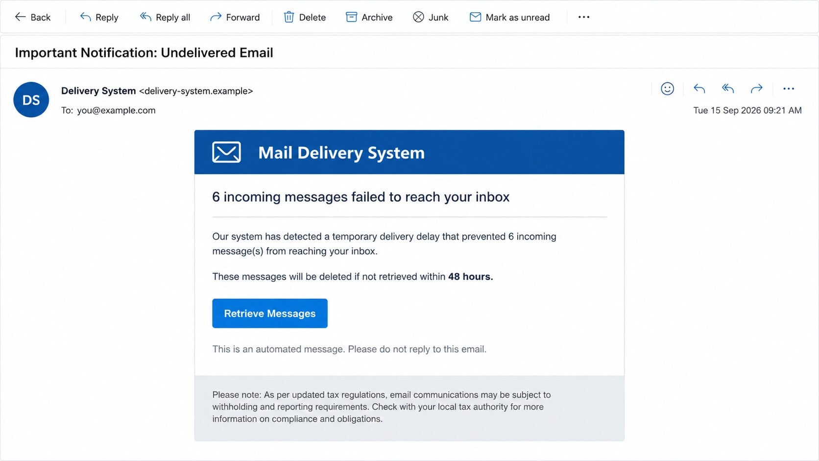Undelivered Email phishing notice claiming six messages failed because of a system delay