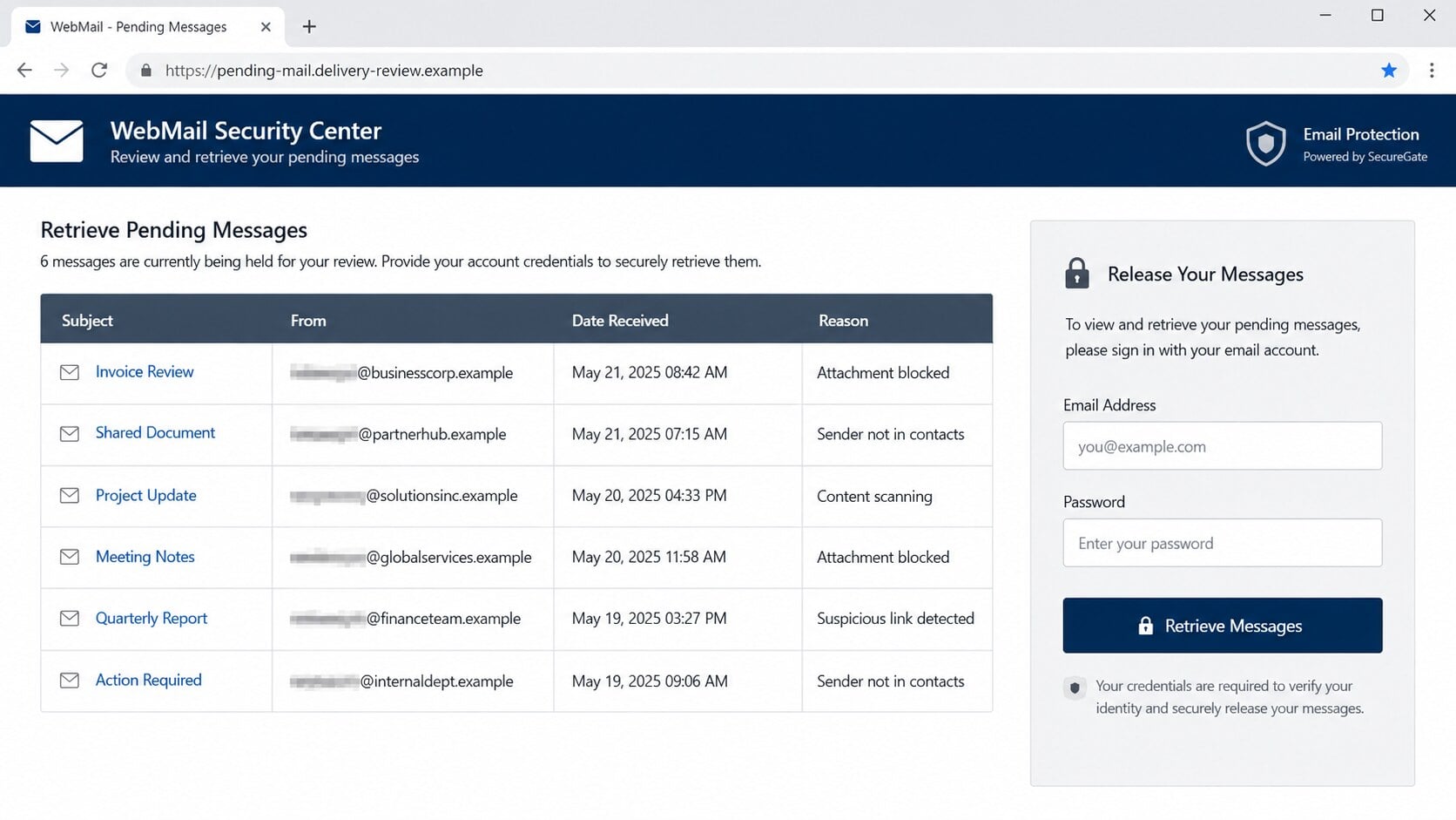 Fake pending message portal requiring email credentials to release six messages