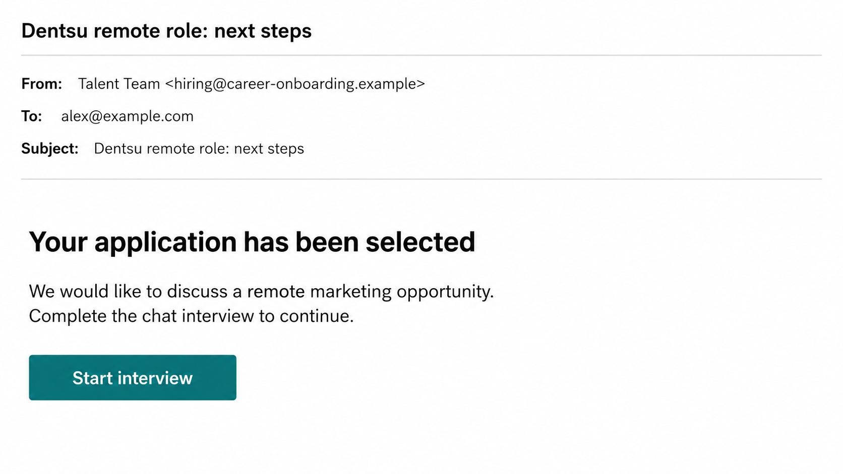 Reconstructed Dentsu job scam email inviting an applicant into an unverified chat interview