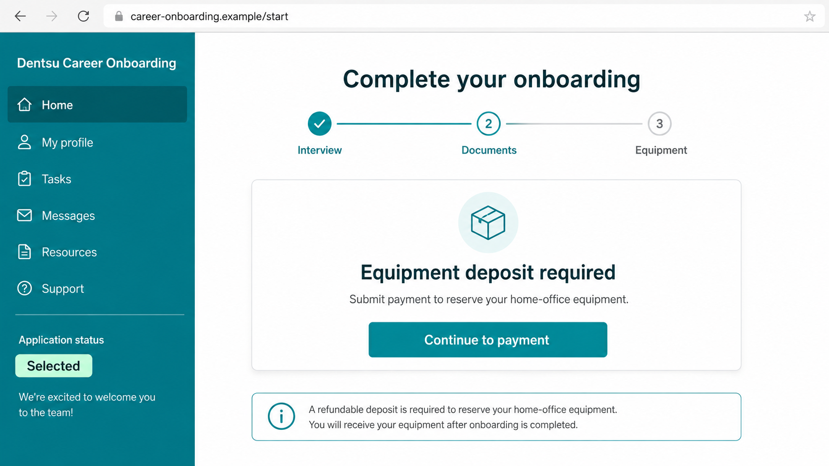 Reconstructed fake Dentsu onboarding portal demanding a home-office equipment deposit