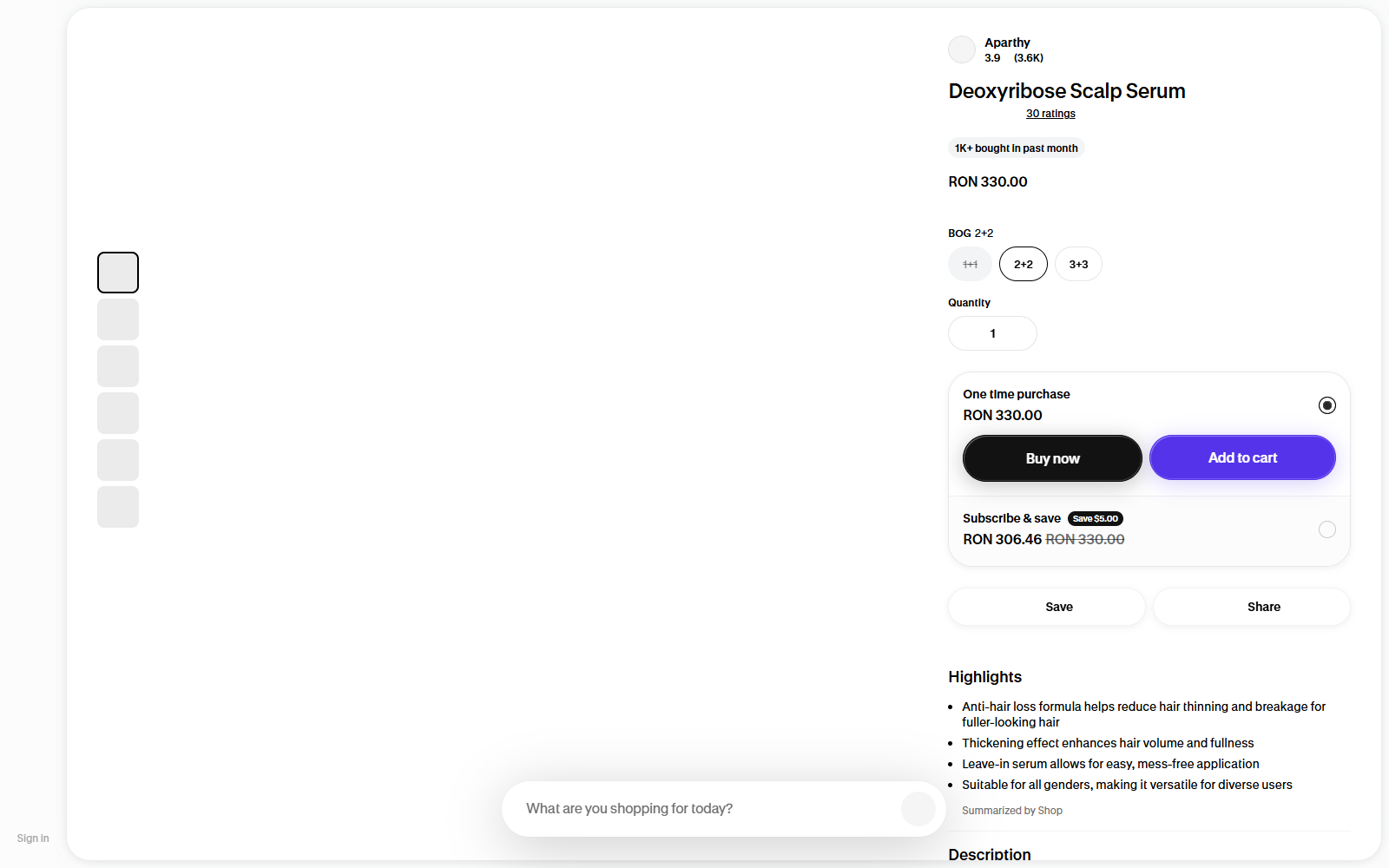 Deoxyribose Scalp Serum Ads: Science or Hype? 3 Aparthy Deoxyribose Scalp Serum listing showing one-time purchase and monthly subscription options