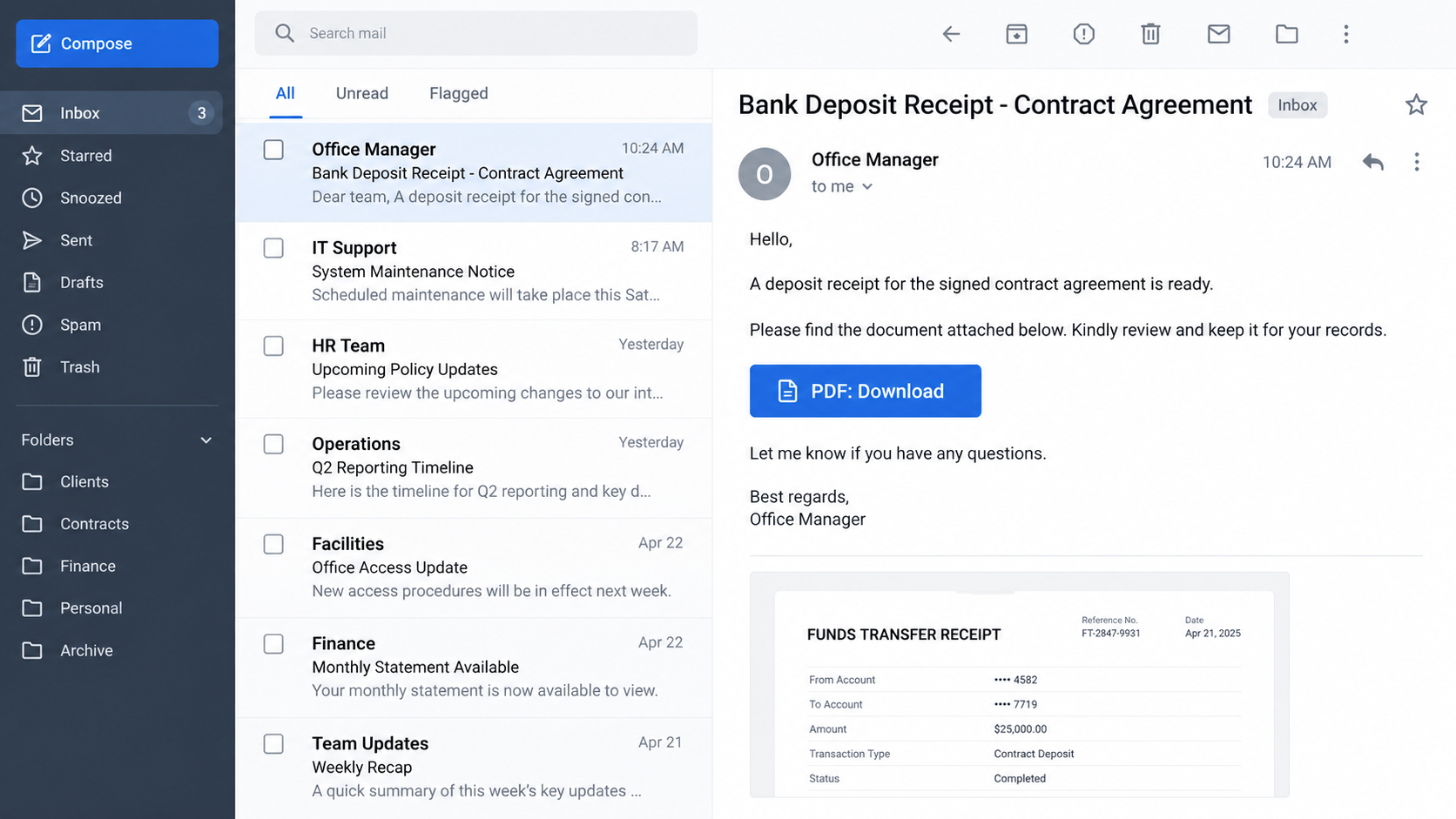 Illustrative contract deposit email with a bank receipt preview and PDF download button