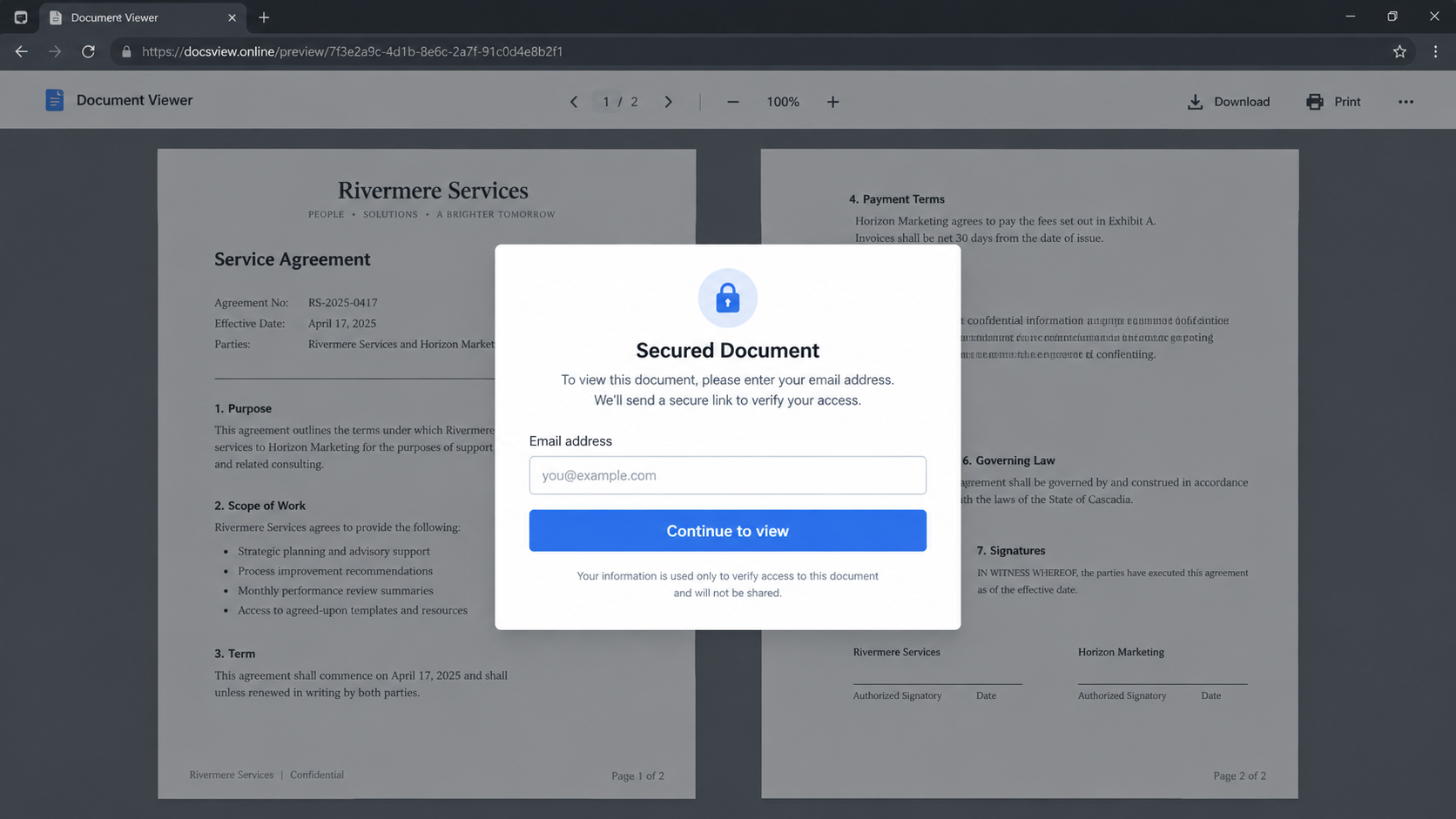 Illustrative secured contract document asking for an email address before access