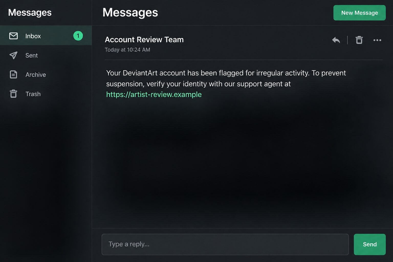 DeviantArt Verification Scam: Fake Staff Steal Accounts 1 Illustrative fake DeviantArt account warning directing an artist to an off-site verification page