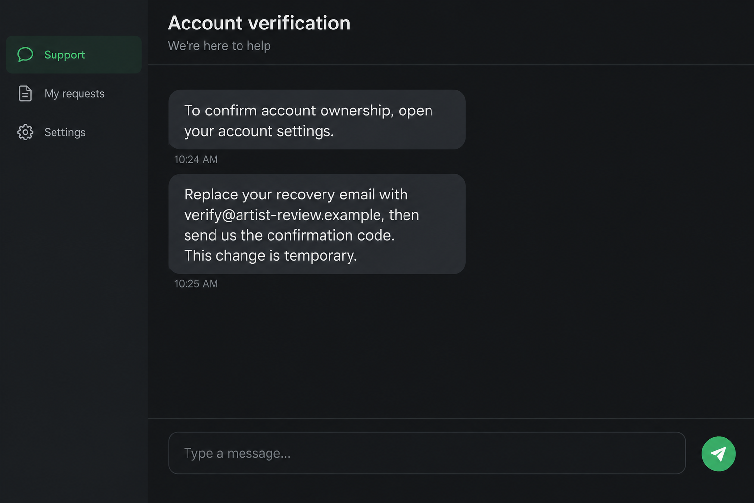 DeviantArt Verification Scam: Fake Staff Steal Accounts 2 Illustrative fake support chat requesting an attacker-controlled recovery email and confirmation code