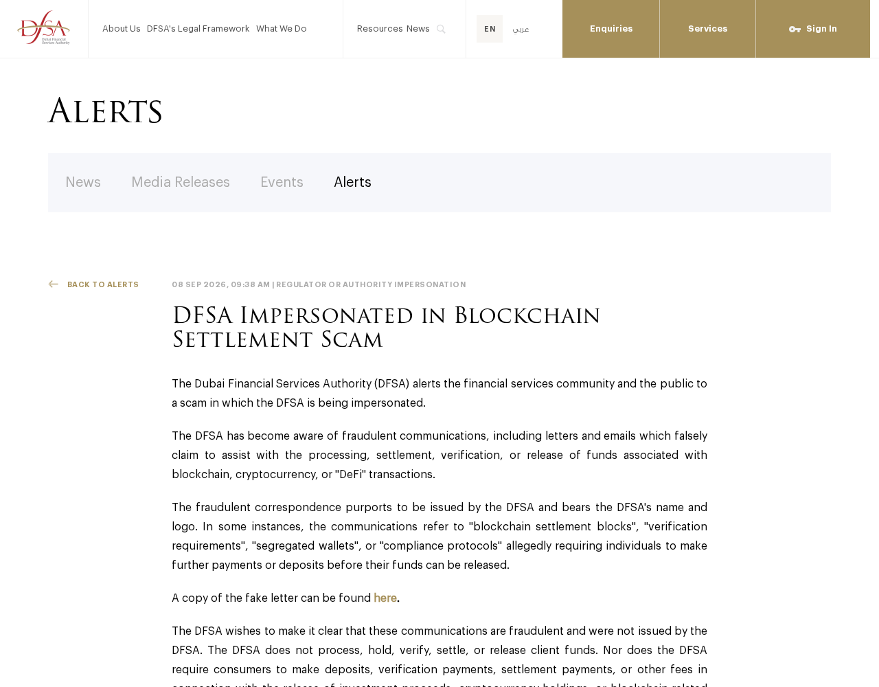 Dubai Financial Services Authority alert stating it does not release blockchain settlement funds or request verification deposits
