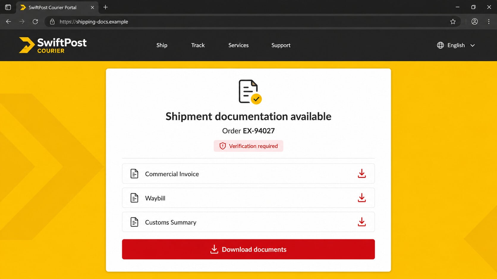 Fake courier portal offering invoice waybill and customs document downloads