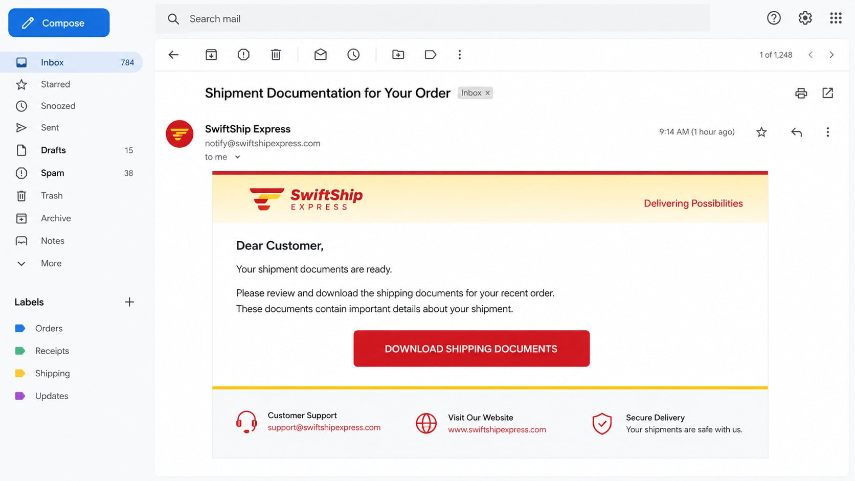 Shipment Documentation phishing email with a prominent download button