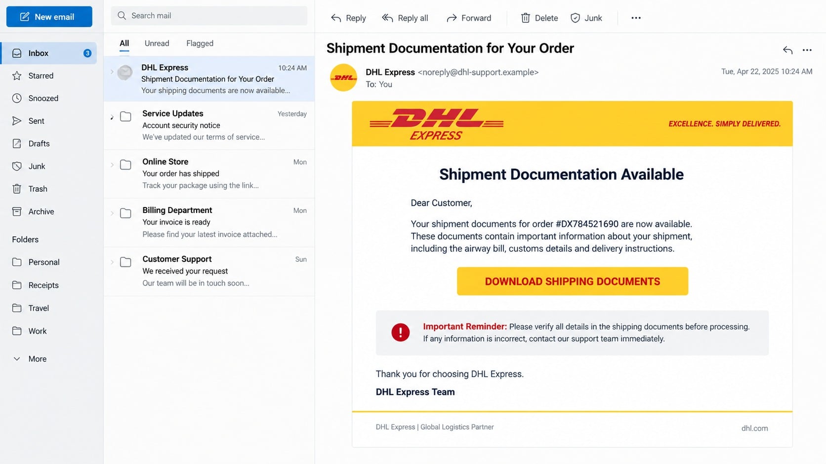 Fake DHL Express email offering shipment documentation for download