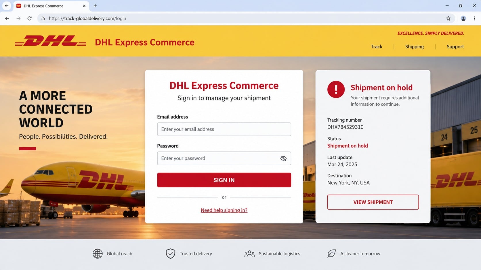 Counterfeit DHL Express Commerce login page requesting shipment credentials