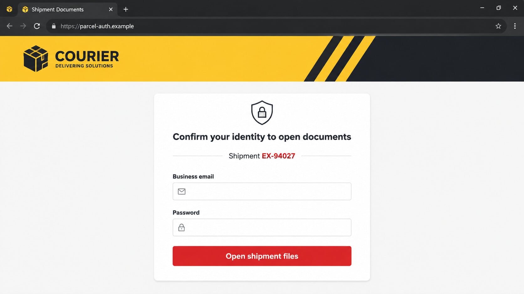 Fake shipment document login page asking for business email and password
