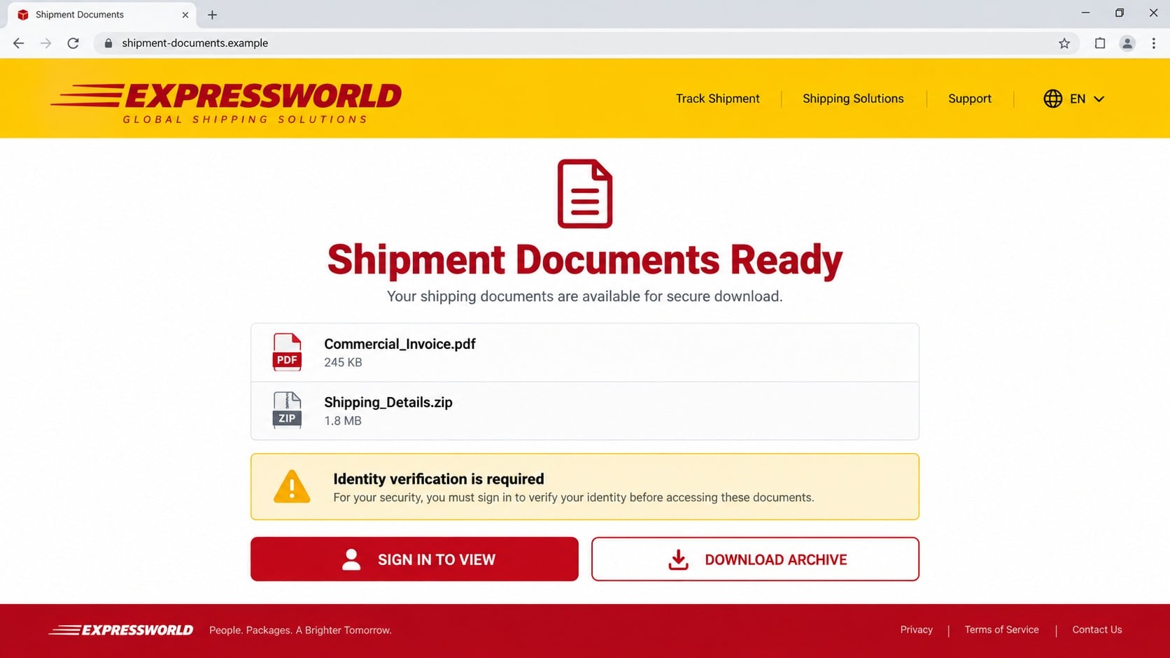 Fraudulent shipment document portal offering a sign-in or archive download