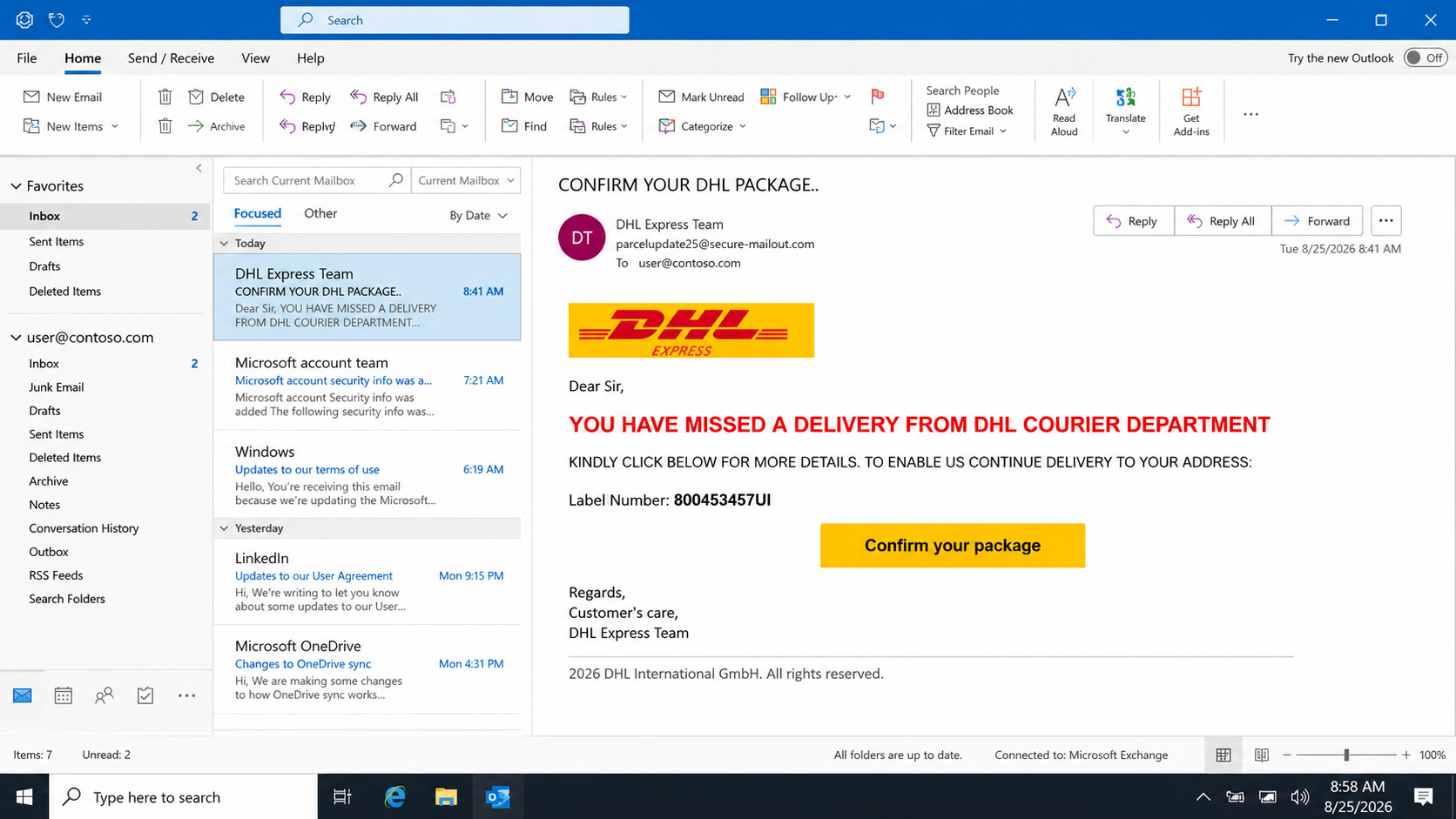 DHL missed delivery phishing email with a fake package confirmation button
