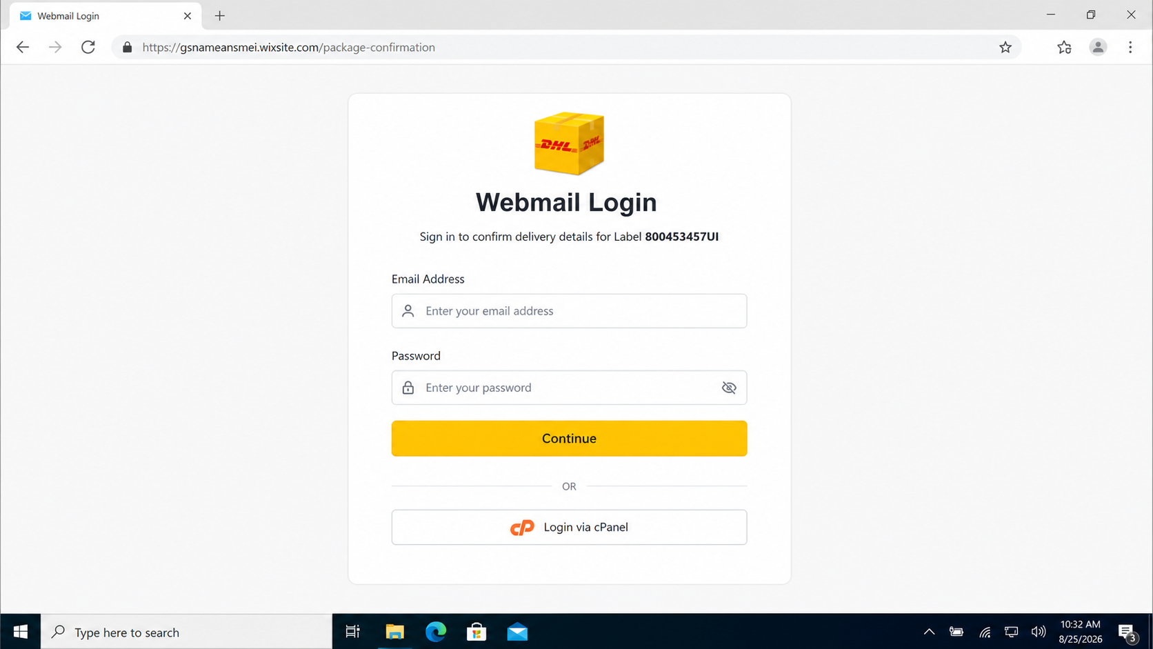 Fake Webmail login hosted on Wix after the DHL package confirmation link