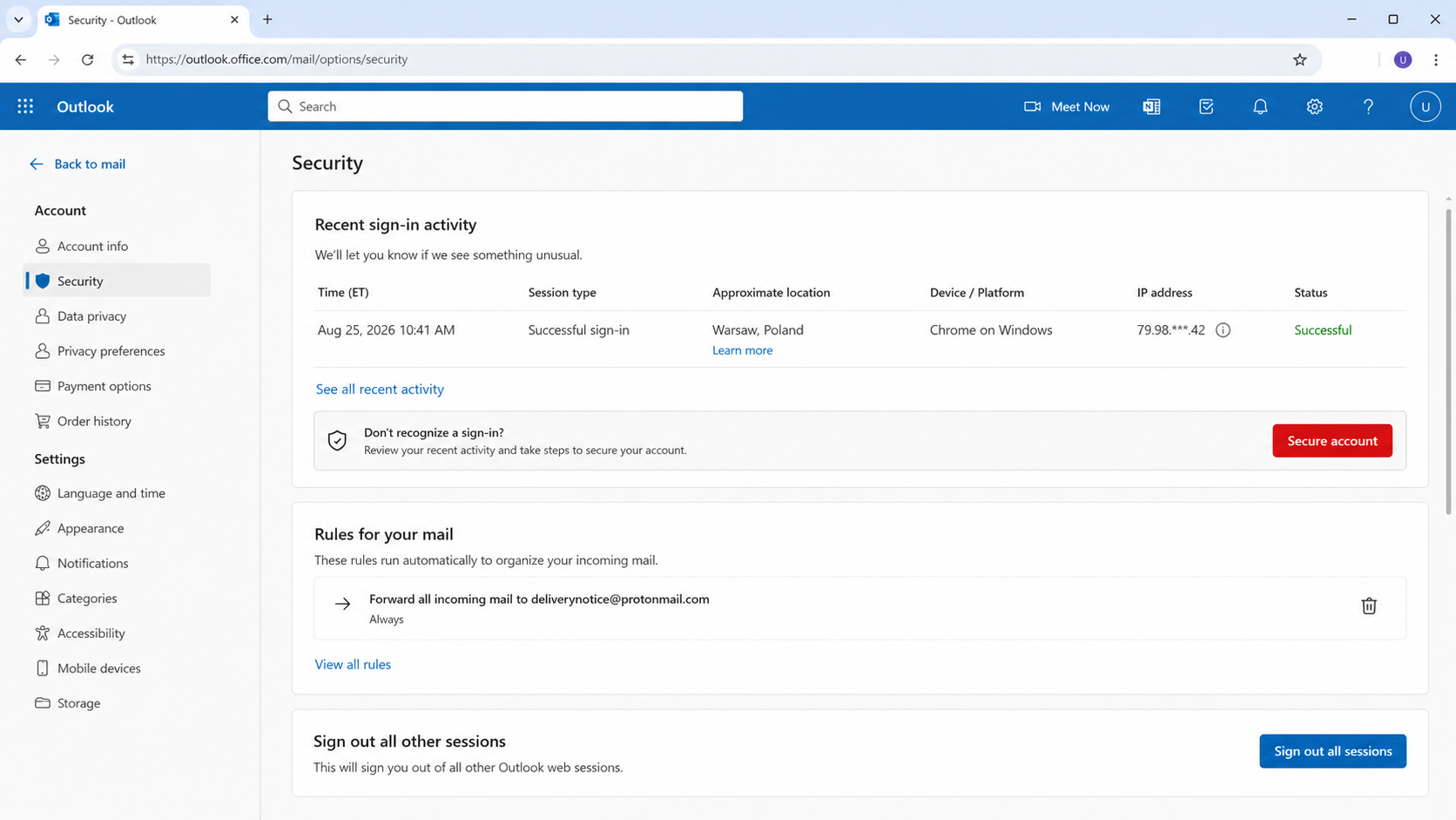 Mailbox security settings showing an unfamiliar sign-in and forwarding rule