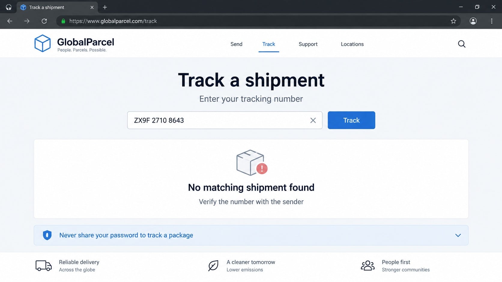 Generic official tracking check showing no matching shipment and a password warning
