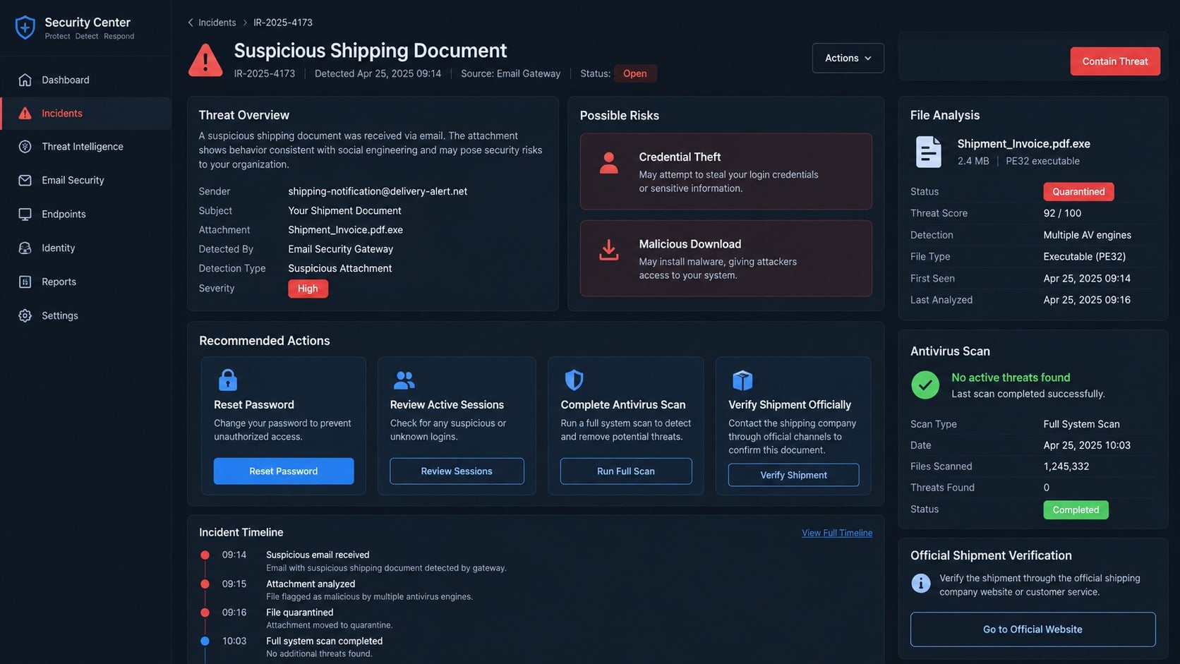 Security incident dashboard showing a suspicious shipping document response