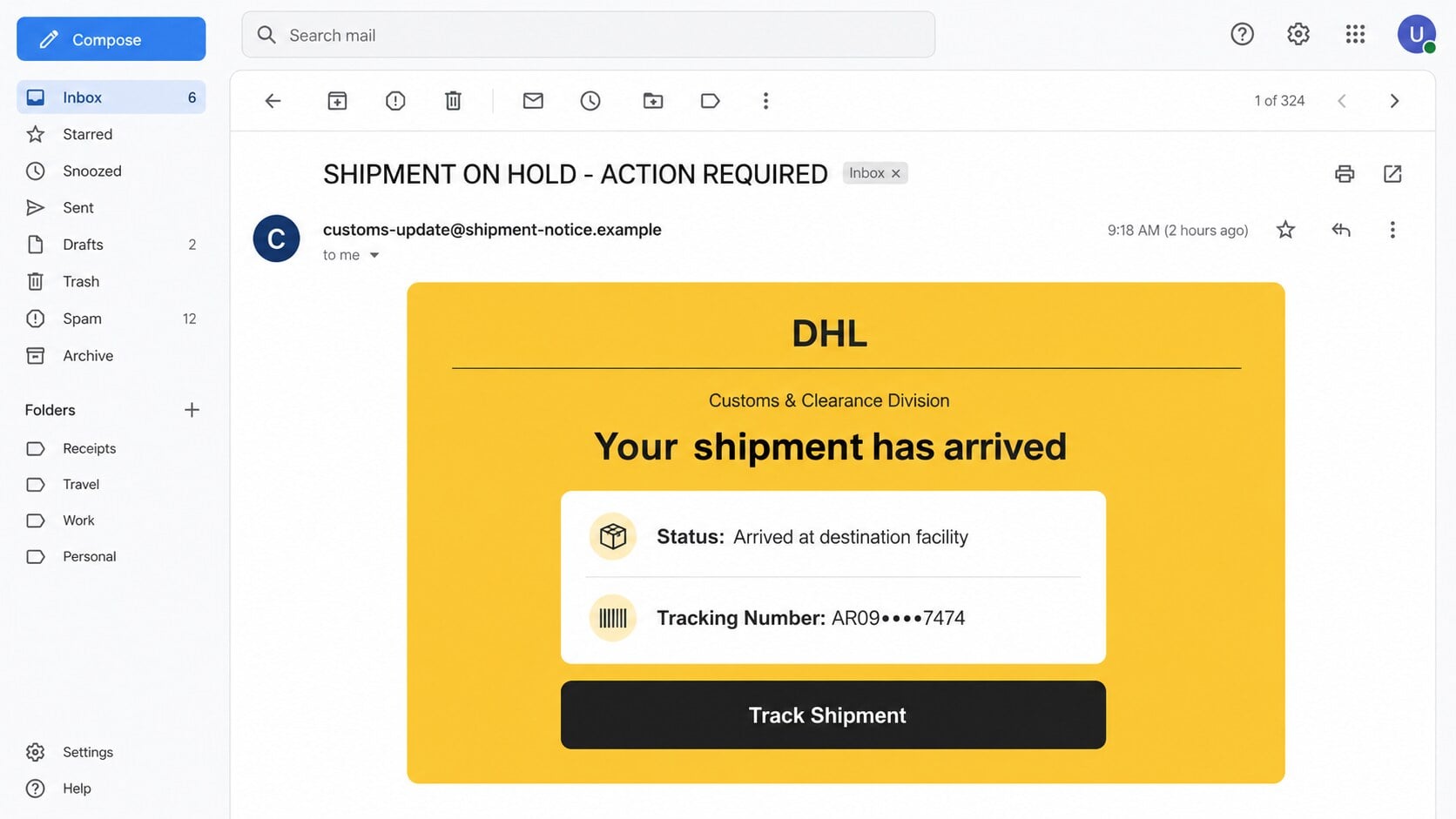 DHL Shipment Has Arrived phishing email with a fake customs notice and Track Shipment button