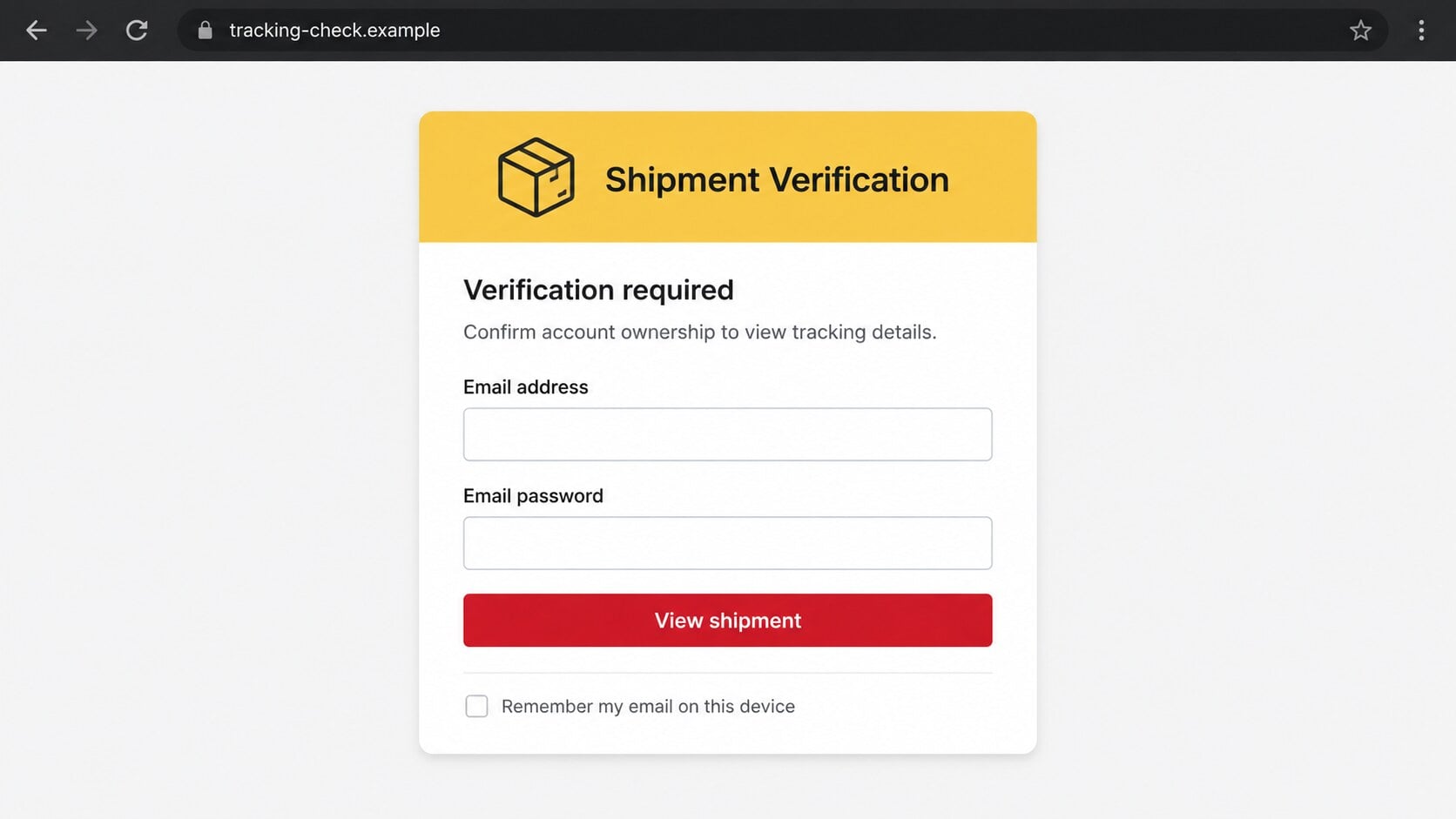 Fake shipment verification website requesting an email password before displaying DHL tracking details