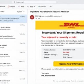 Fake DHL Express email claiming a shipment is currently on hold