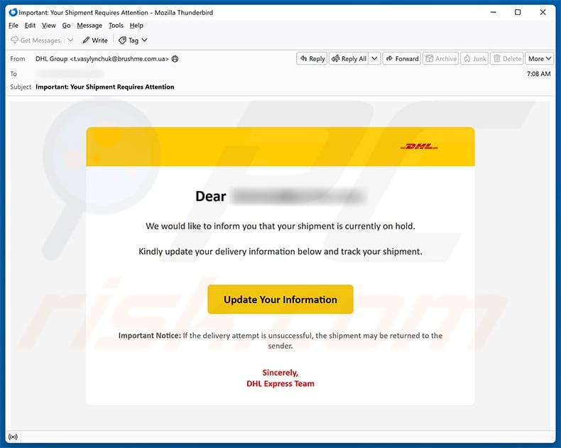 Fraudulent DHL Express message saying a shipment is on hold and requesting updated delivery information
