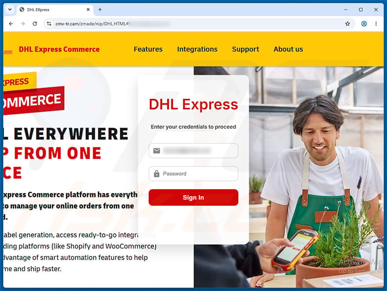 Counterfeit DHL Express Commerce login page used to collect account credentials