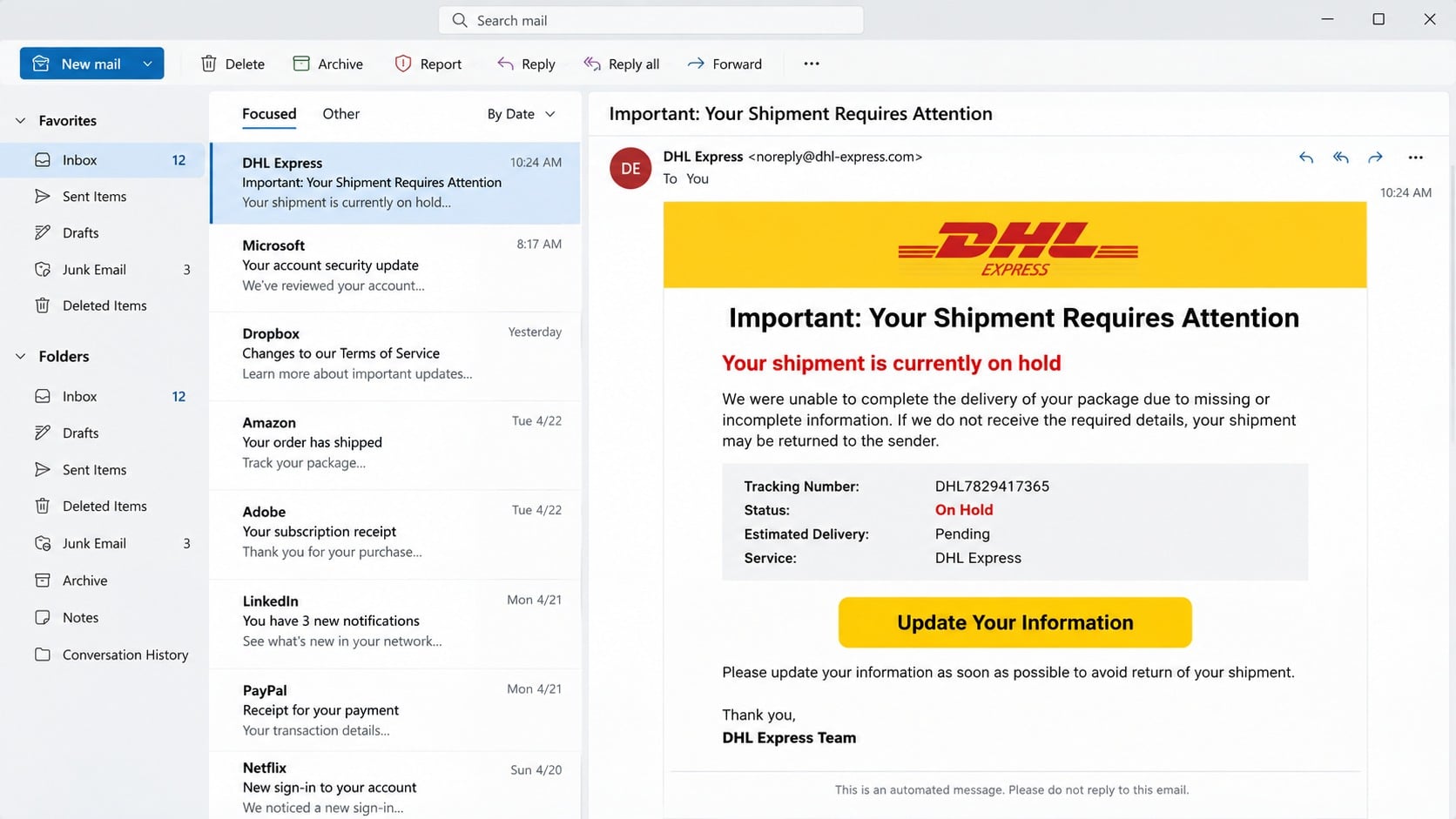 Fake DHL Express email claiming a shipment is currently on hold