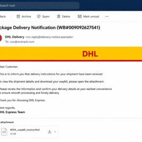 DHL Waybill Confirmation phishing email containing a dangerous HTML attachment