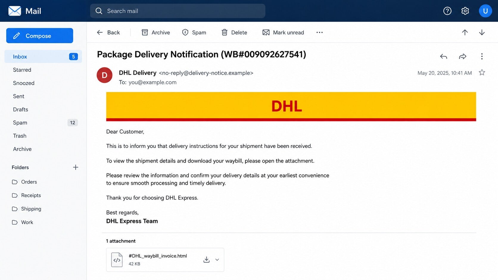 DHL Waybill Confirmation phishing email containing a dangerous HTML attachment