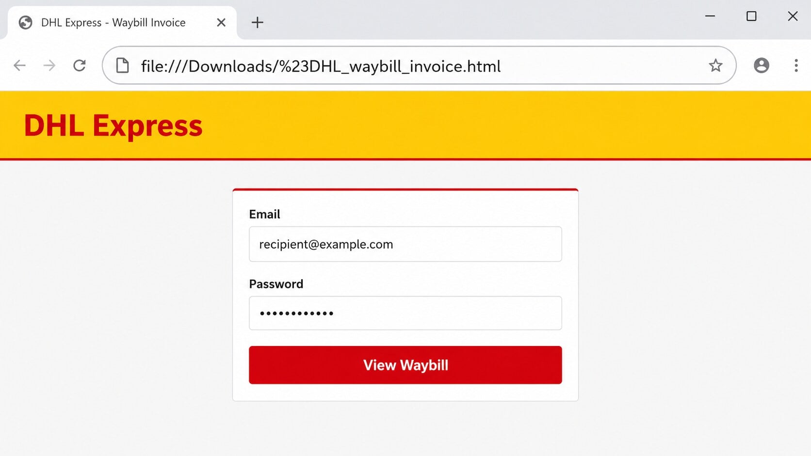 Local HTML file displaying a counterfeit DHL waybill login page in a browser