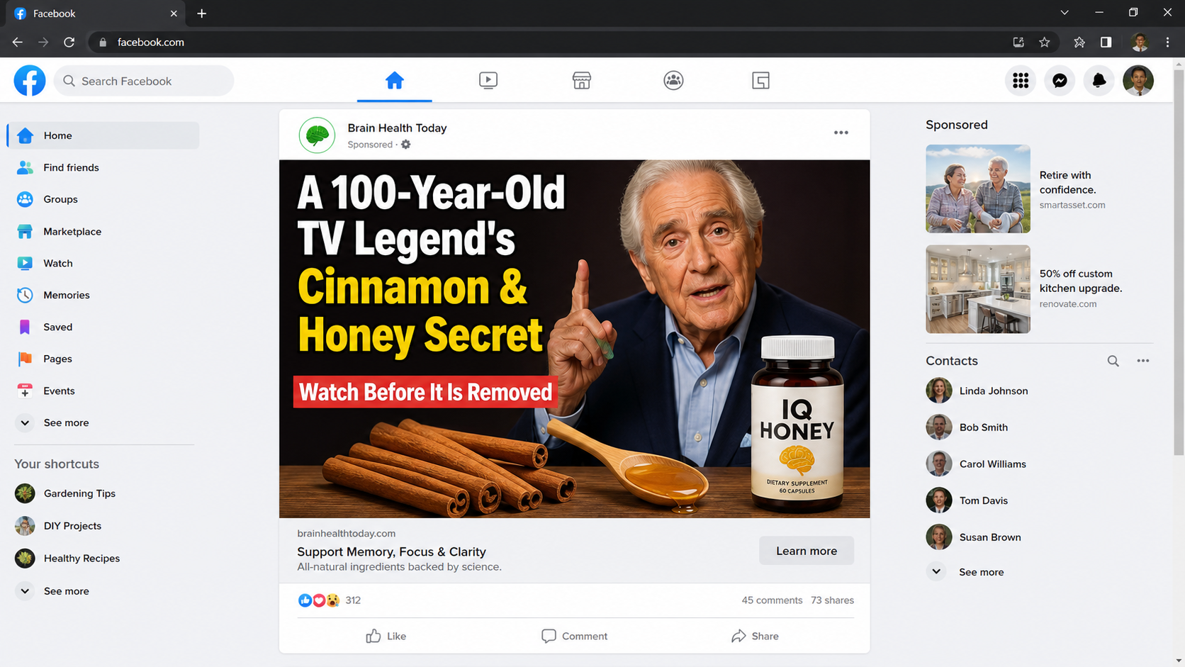 Fake cinnamon and honey brain cure social media advertisement