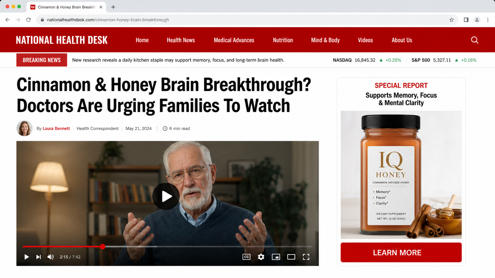 Fake health news advertorial promoting an IQ Honey brain supplement