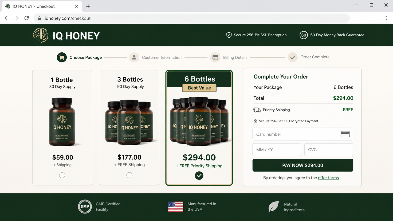 IQ Honey supplement bundle checkout page