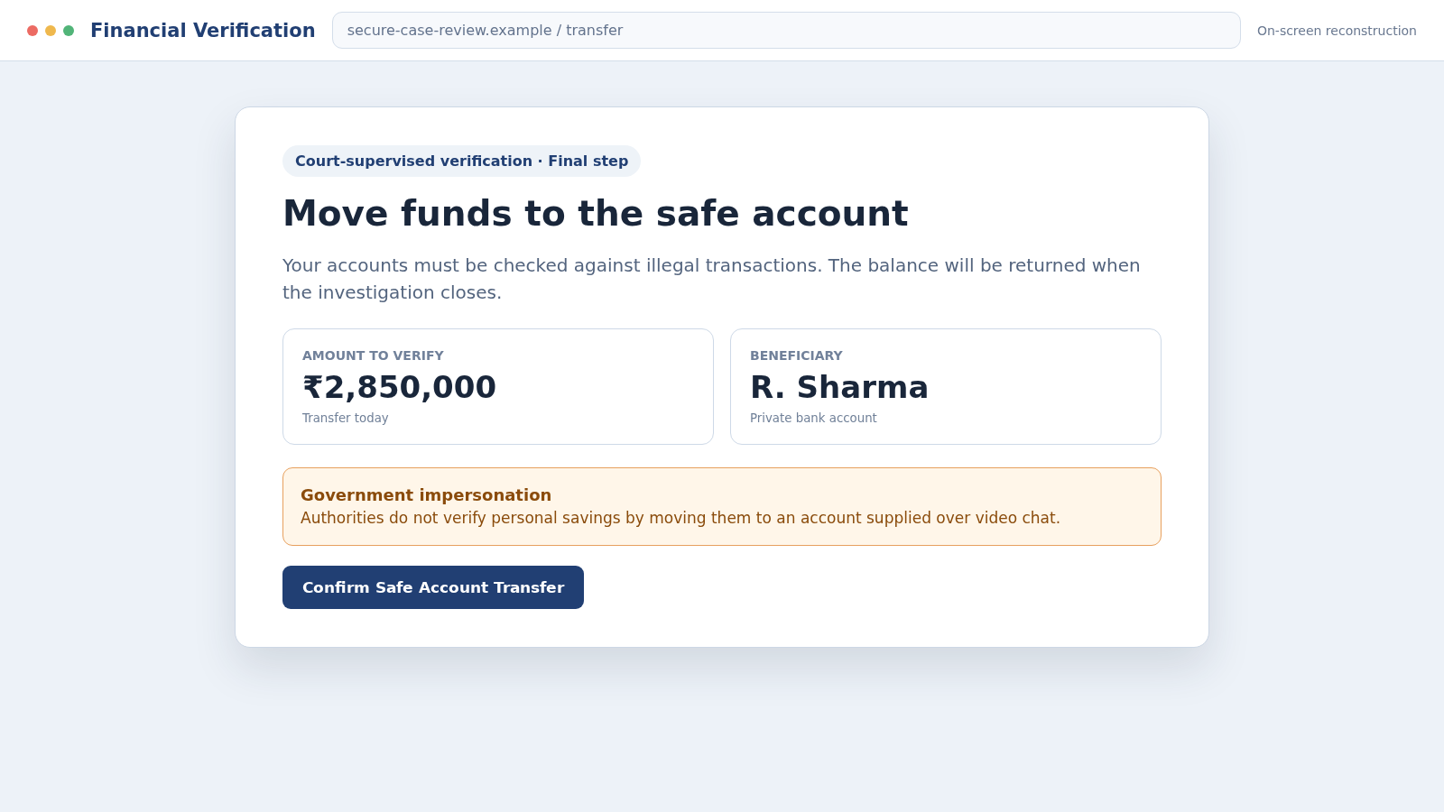 Reconstructed Digital Arrest scam payment screen demanding a safe account transfer