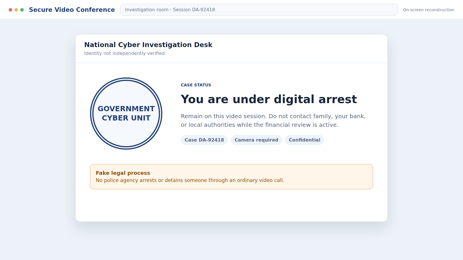 Reconstructed Digital Arrest scam video call showing a fake police investigation