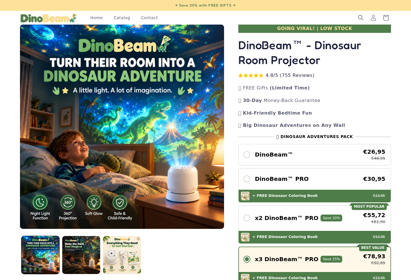 Screenshot of the official DinoBeam projector storefront, product offer, and bundle options