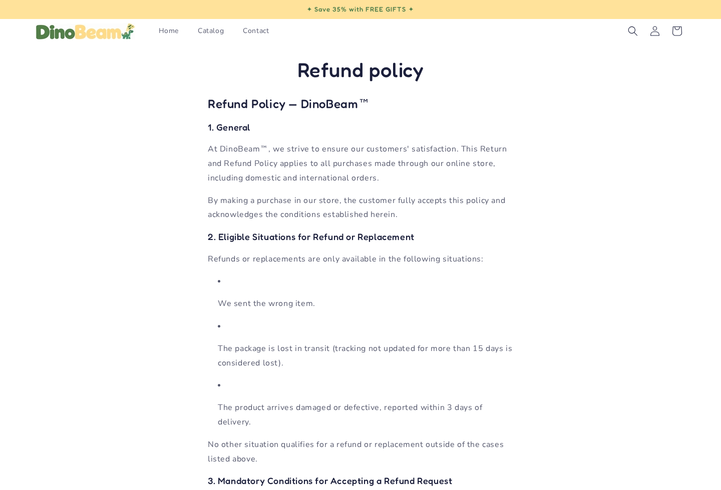 Screenshot of DinoBeam's official refund policy showing limited qualifying situations