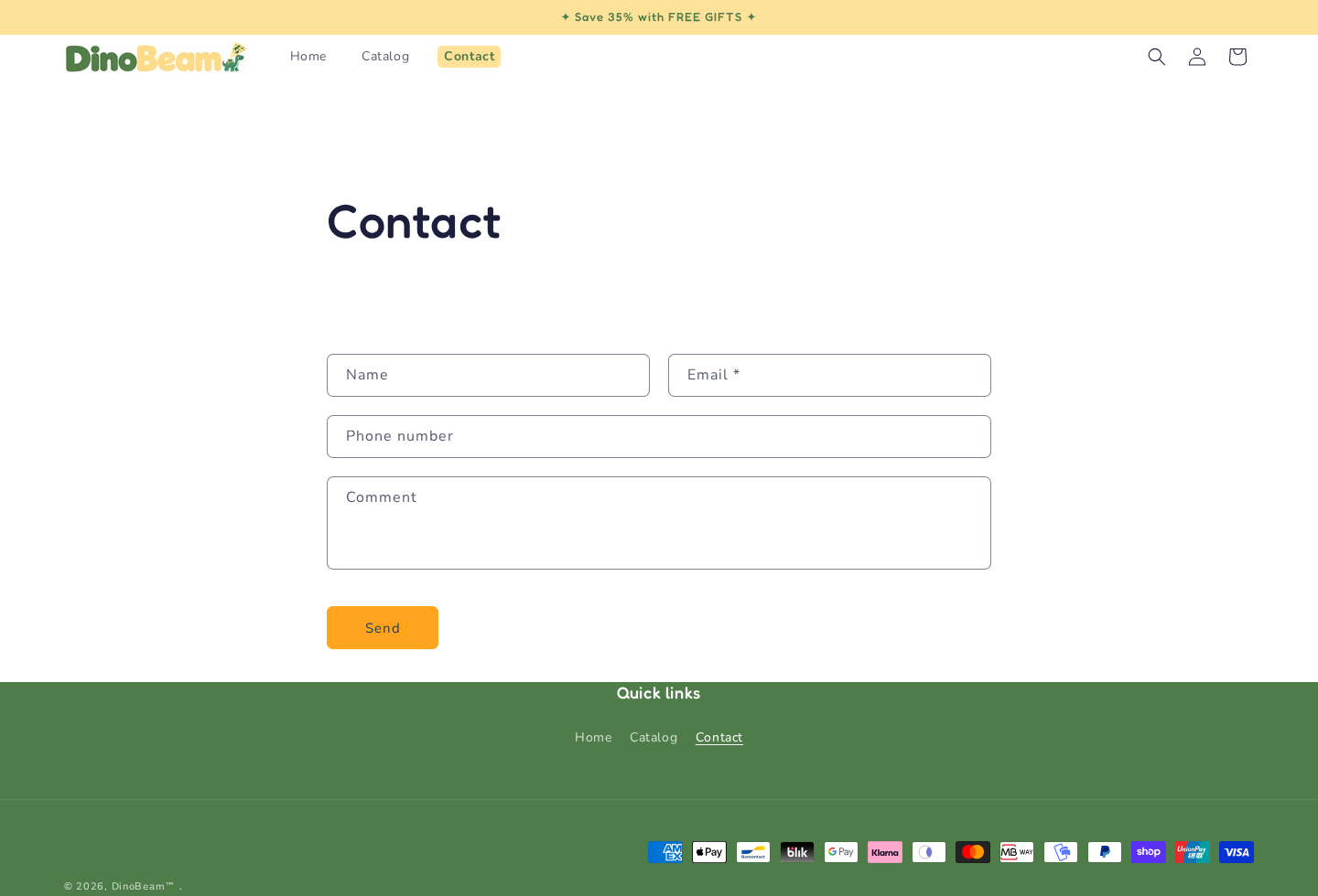 Screenshot of the DinoBeam contact page showing only an online support form