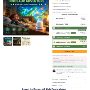 DinoBeam projector product page showing bundle choices, review claims, low-stock messaging, and a 30-day money-back promise