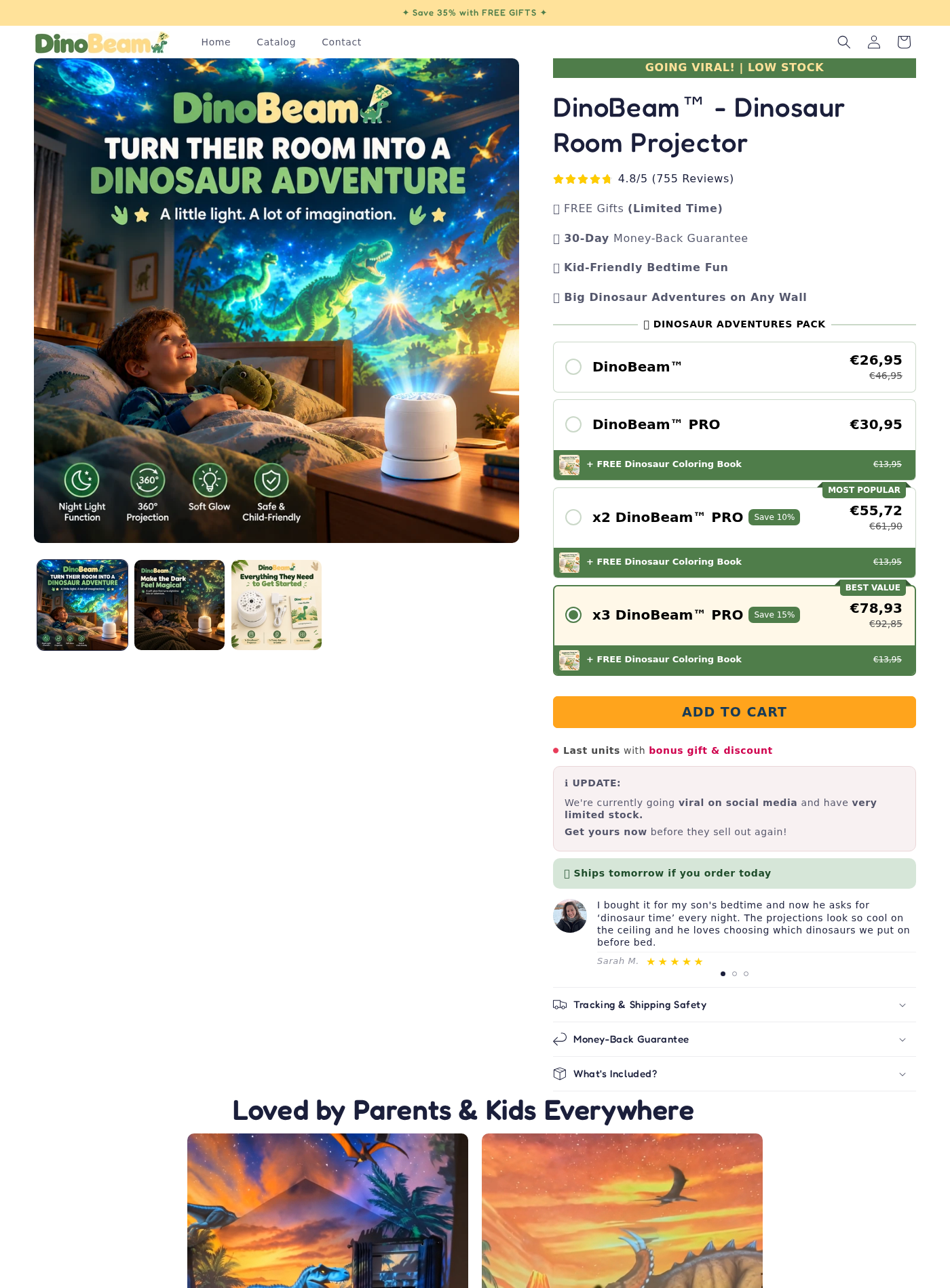 DinoBeam projector product page showing bundle choices, review claims, low-stock messaging, and a 30-day money-back promise
