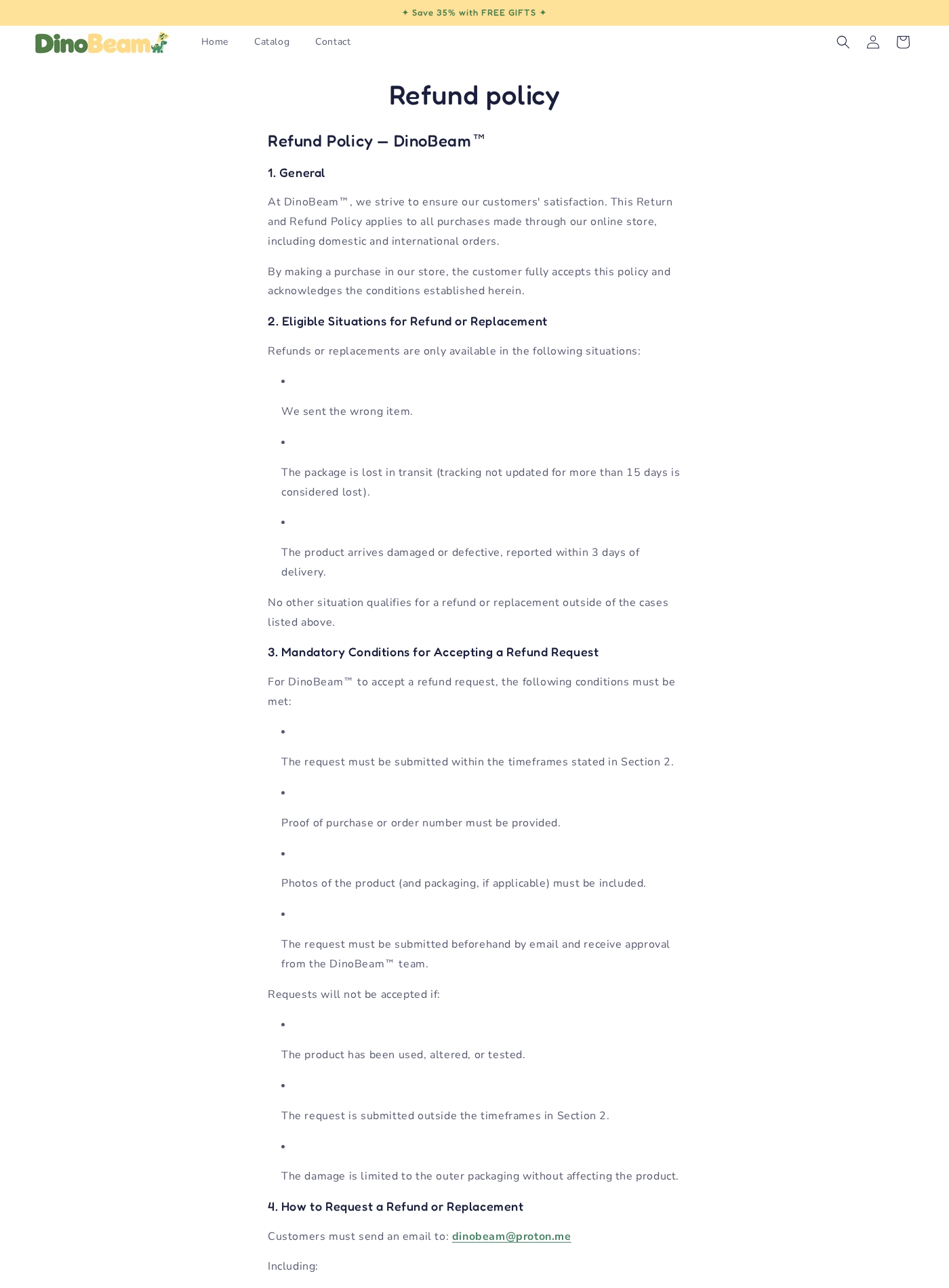 DinoBeam refund policy limiting refunds to wrong, lost, damaged, or defective orders and rejecting tested products