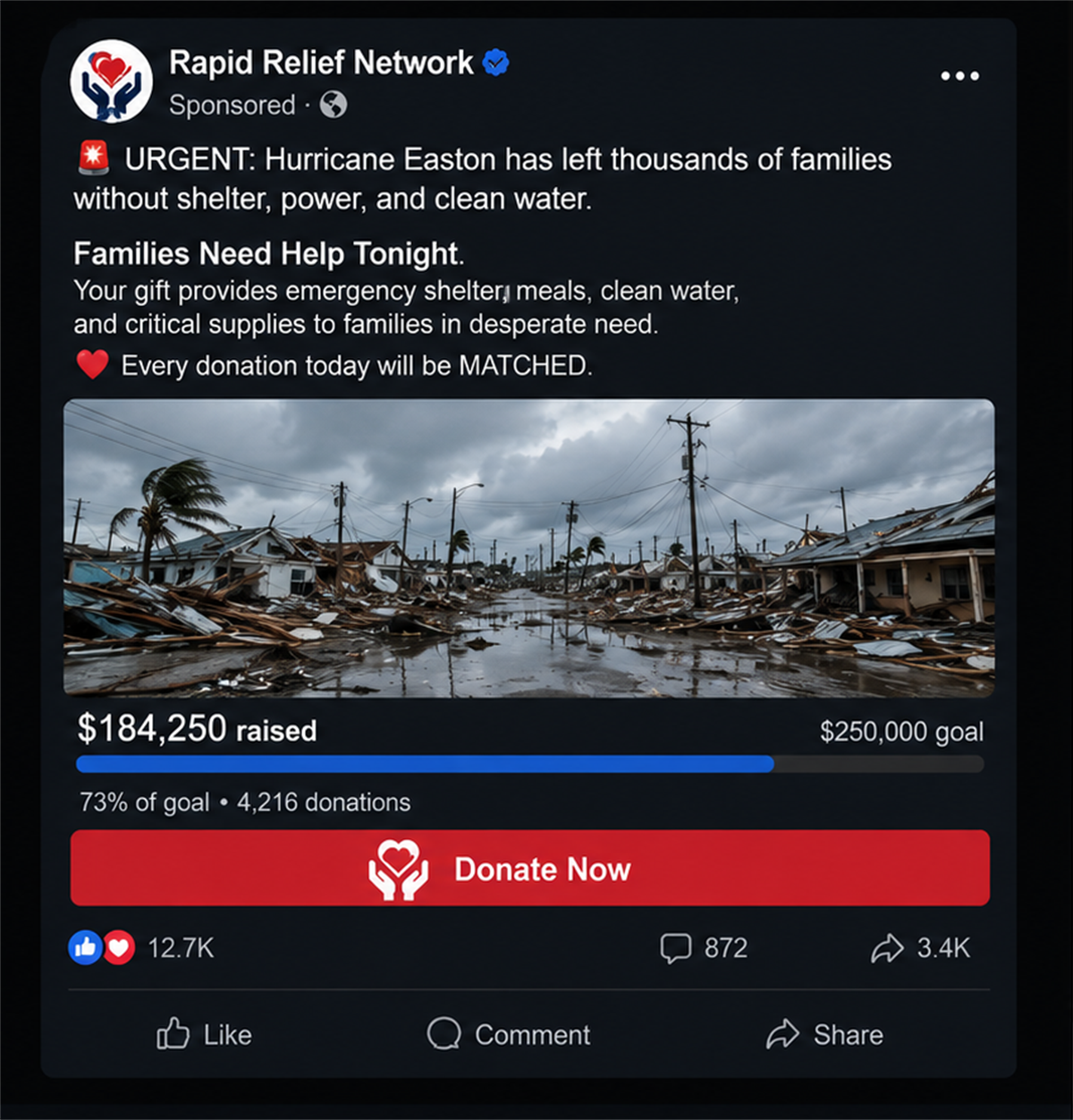 Illustrative sponsored social media fundraiser impersonating a disaster relief charity