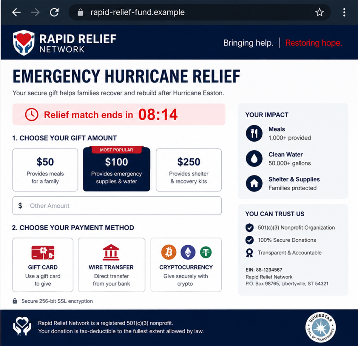 Illustrative fake hurricane relief checkout requesting gift cards wires or cryptocurrency