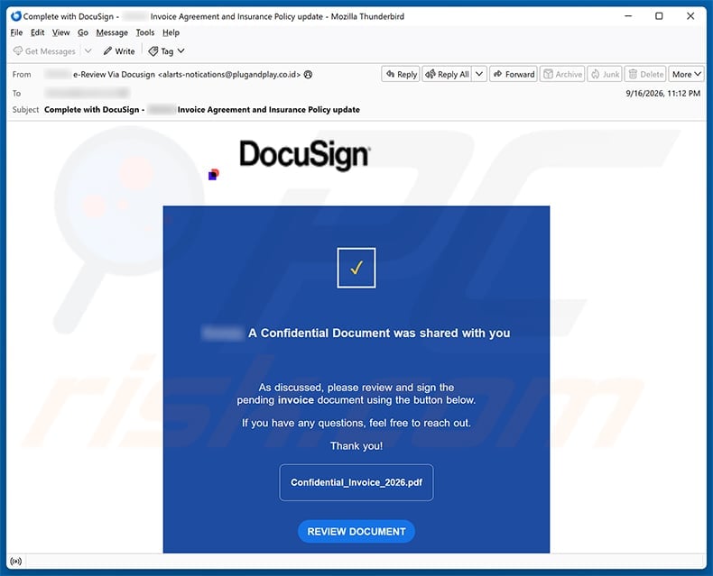 DocuSign Confidential Document Email Scam: Fake Gmail Login Page Exposed 1 Fake DocuSign confidential invoice and insurance policy update email