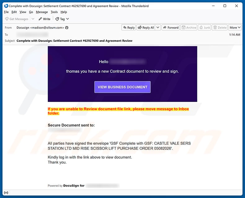 DocuSign Contract Review Email Scam: Fake Adobe PDF Login Page Exposed 1 Fake DocuSign settlement contract email with a View Business Document button