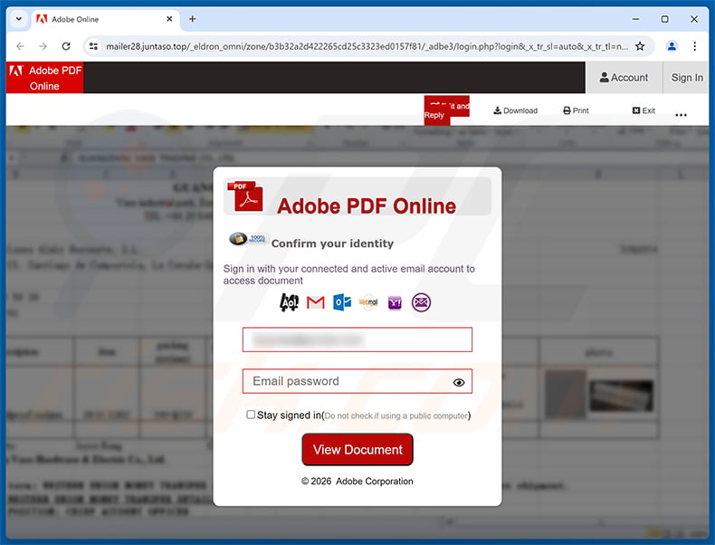 DocuSign Contract Review Email Scam: Fake Adobe PDF Login Page Exposed 2 Counterfeit Adobe PDF Online page requesting email credentials on mailer28.juntaso.top